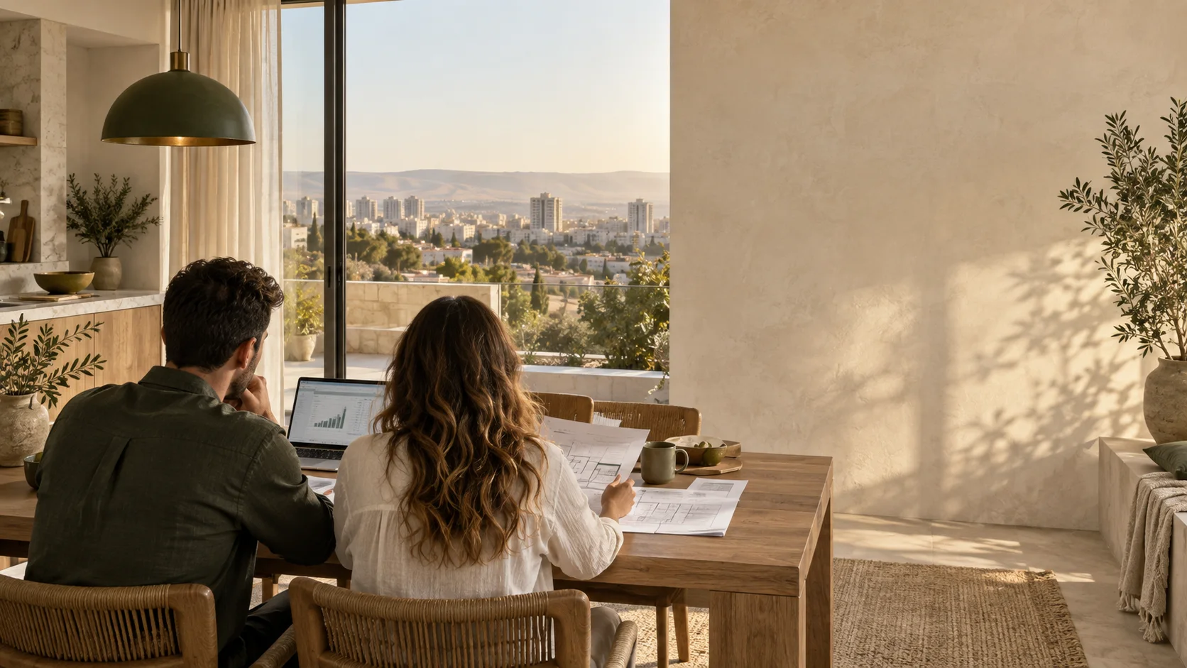 זוג בוחן תכנון בית ומימון באור טבעי, עם נוף עירוני דרומי ברקע